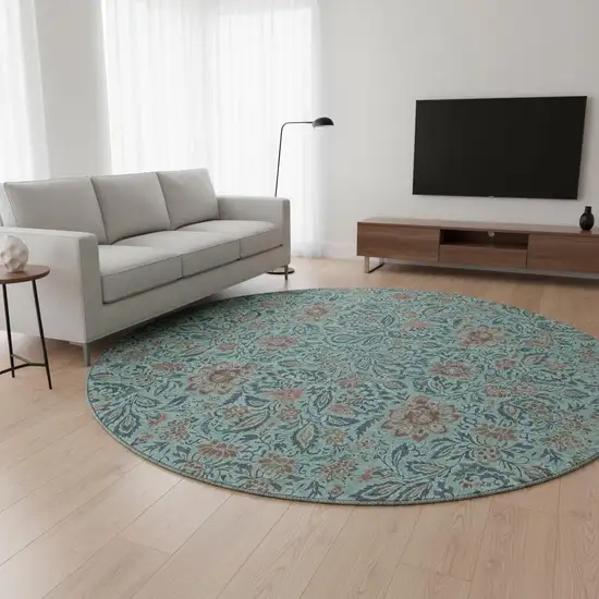 8' Teal And Brown Floral Washable Round Rug With UV Protection Photo 2