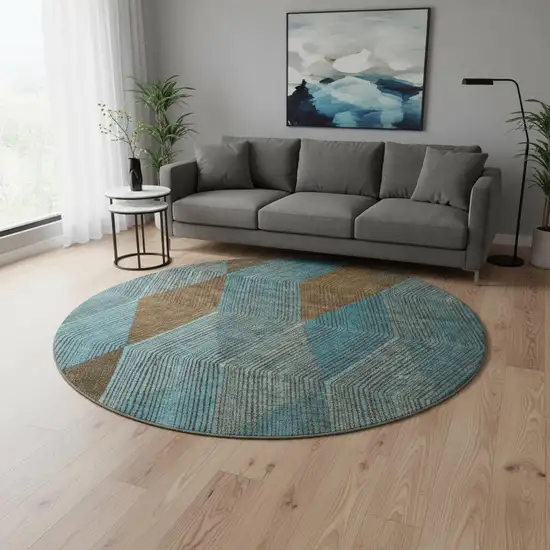 8' Teal And Brown Geometric Washable Round Rug With UV Protection Photo 2