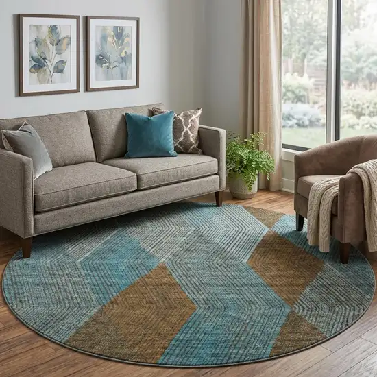 8' Teal And Brown Geometric Washable Round Rug With UV Protection Photo 1