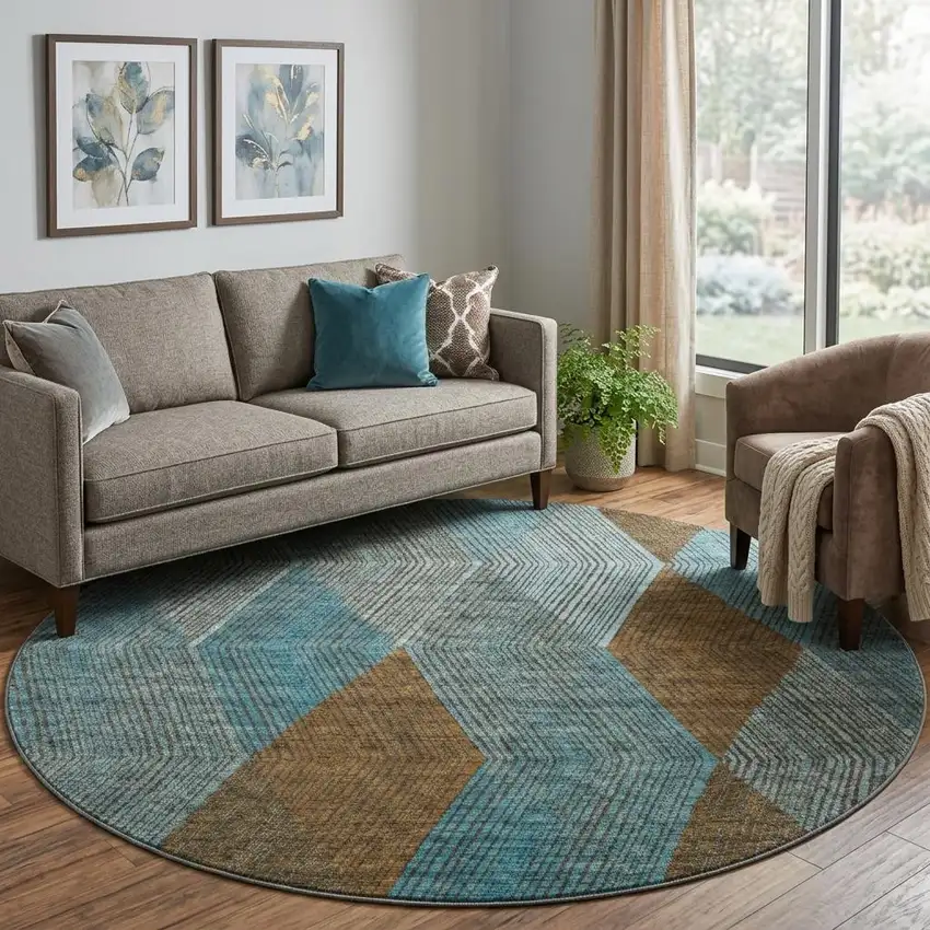 8' Teal And Brown Geometric Washable Round Rug With UV Protection Photo 1