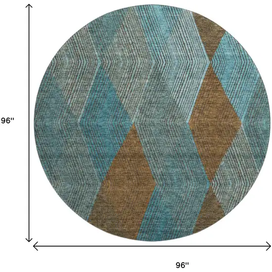 8' Teal And Brown Geometric Washable Round Rug With UV Protection Photo 9