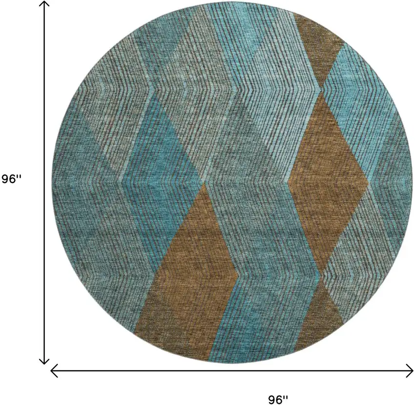 8' Teal And Brown Geometric Washable Round Rug With UV Protection Photo 9