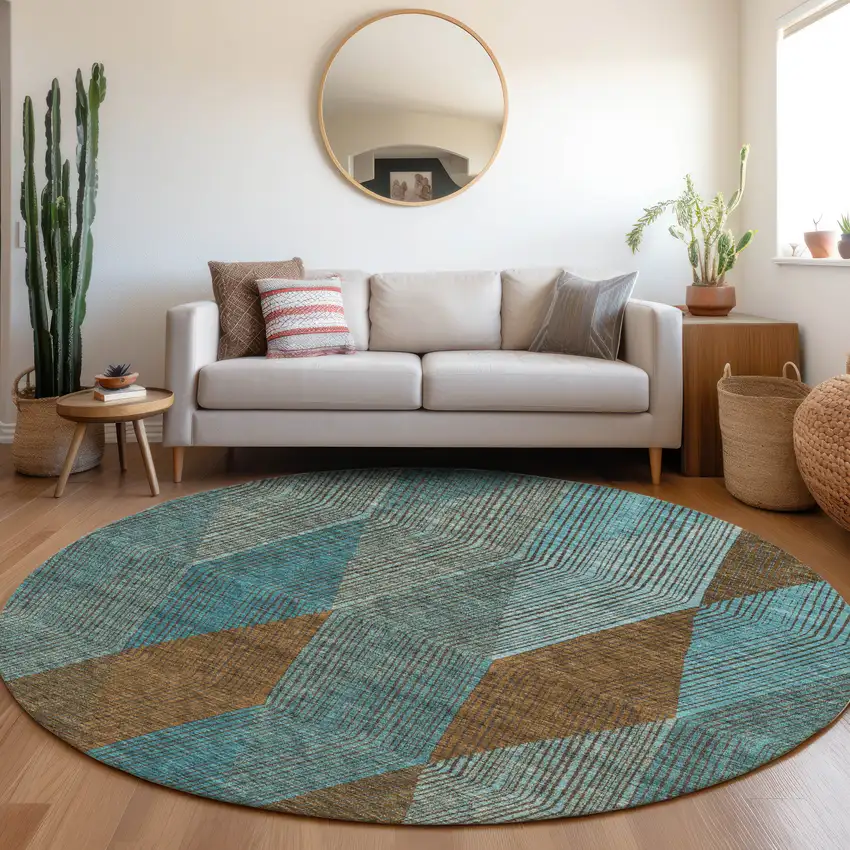 8' Teal And Brown Geometric Washable Round Rug With UV Protection Photo 4