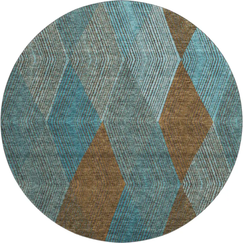 8' Teal And Brown Geometric Washable Round Rug With UV Protection Photo 1