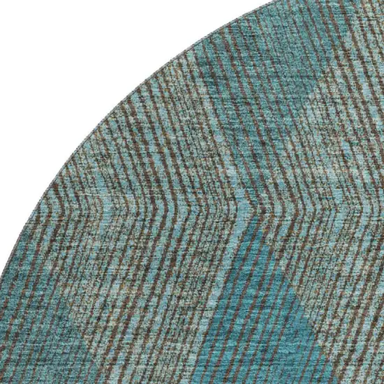 8' Teal And Brown Geometric Washable Round Rug With UV Protection Photo 2