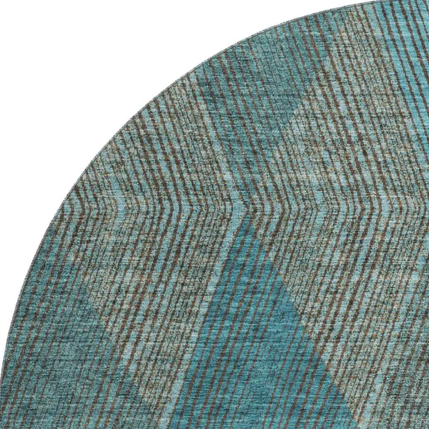 8' Teal And Brown Geometric Washable Round Rug With UV Protection Photo 3