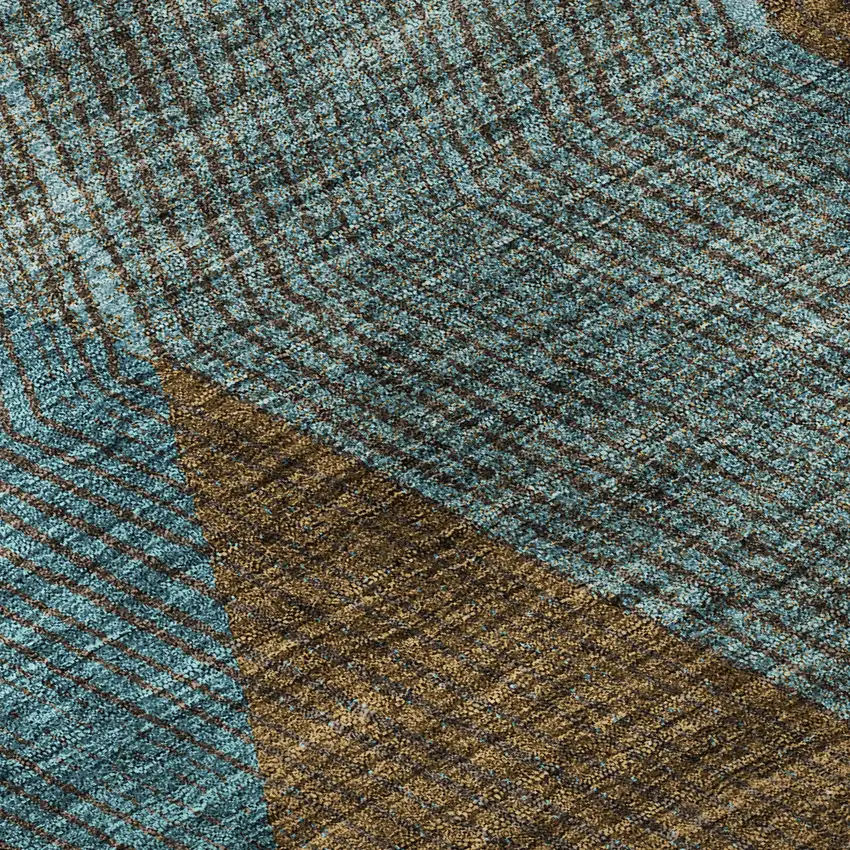 8' Teal And Brown Geometric Washable Round Rug With UV Protection Photo 8