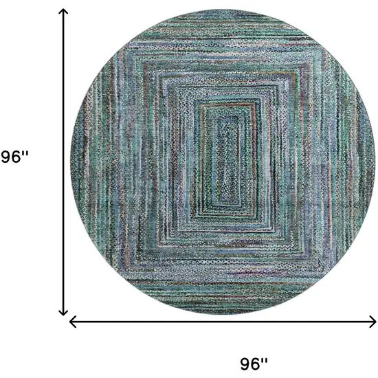 8' Teal And Brown Geometric Washable Round Rug With UV Protection Photo 9