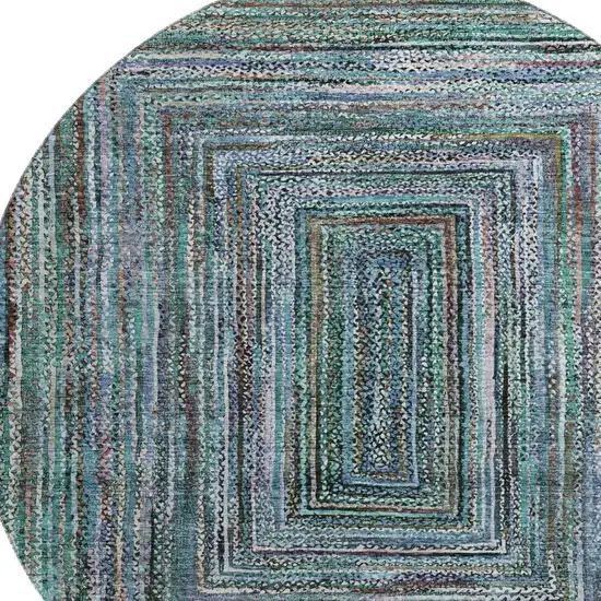 8' Teal And Brown Geometric Washable Round Rug With UV Protection Photo 2