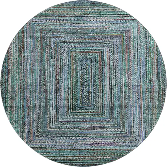 8' Teal And Brown Geometric Washable Round Rug With UV Protection Photo 1