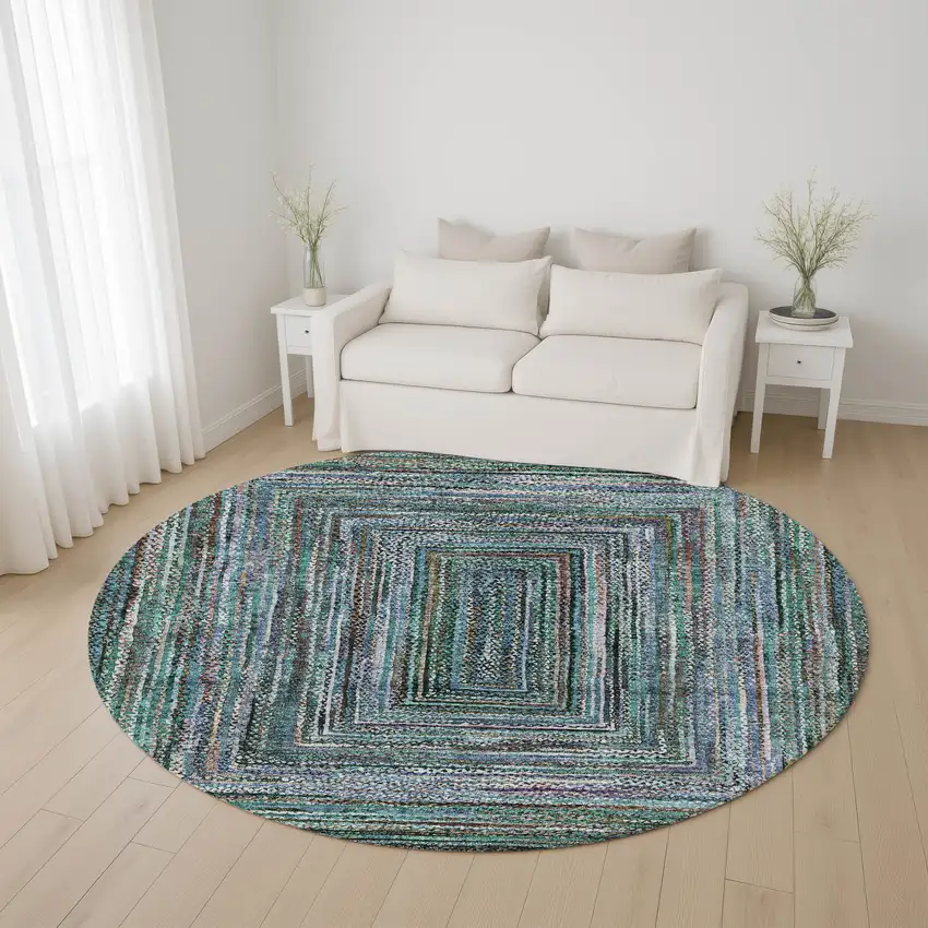 8' Teal And Brown Geometric Washable Round Rug With UV Protection Photo 4