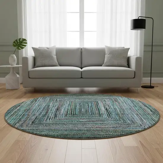 8' Teal And Brown Geometric Washable Round Rug With UV Protection Photo 2
