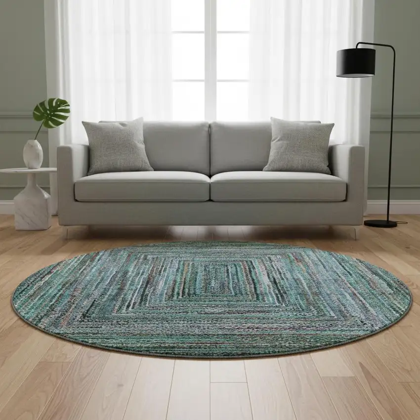 8' Teal And Brown Geometric Washable Round Rug With UV Protection Photo 2