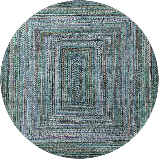 8' Teal And Brown Geometric Washable Round Rug With UV Protection Photo 3