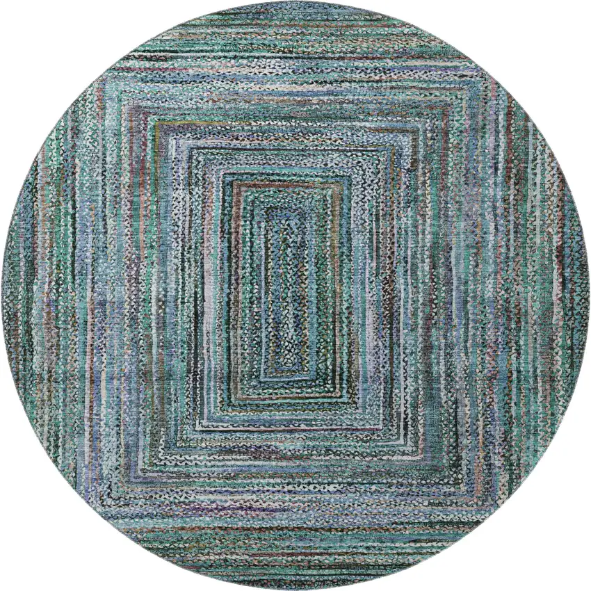 8' Teal And Brown Geometric Washable Round Rug With UV Protection Photo 3
