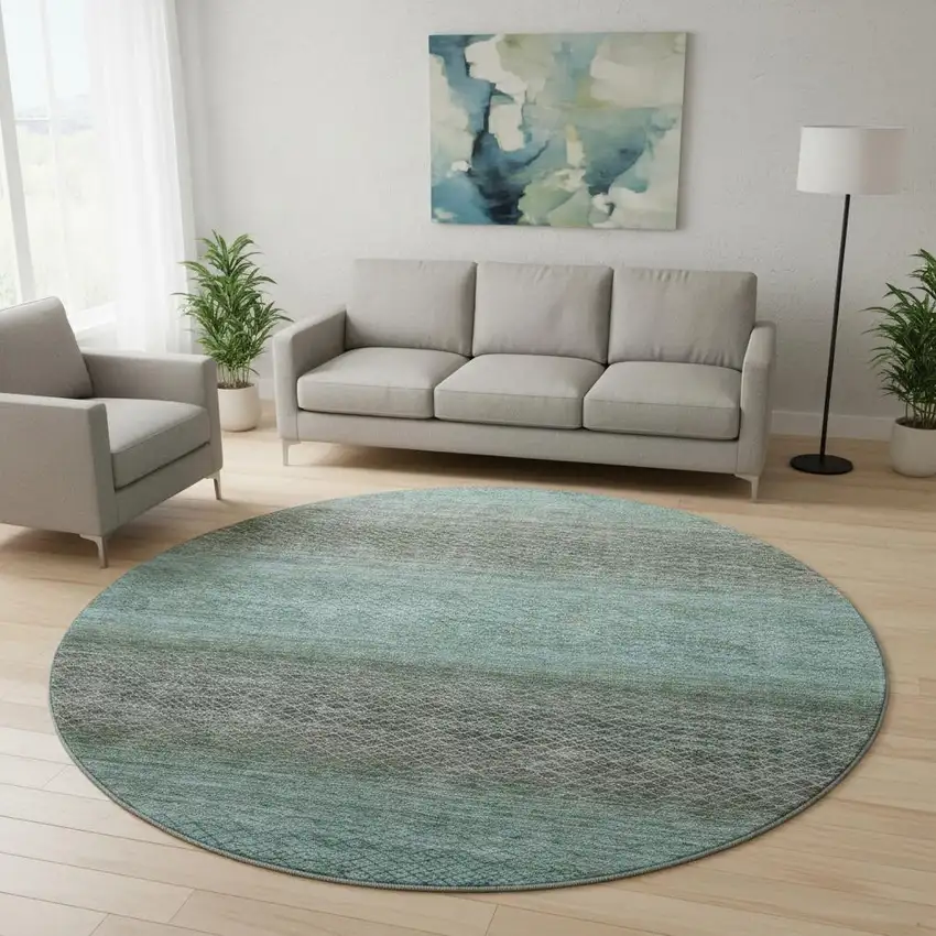 8' Teal And Brown Geometric Washable Round Rug With UV Protection Photo 2