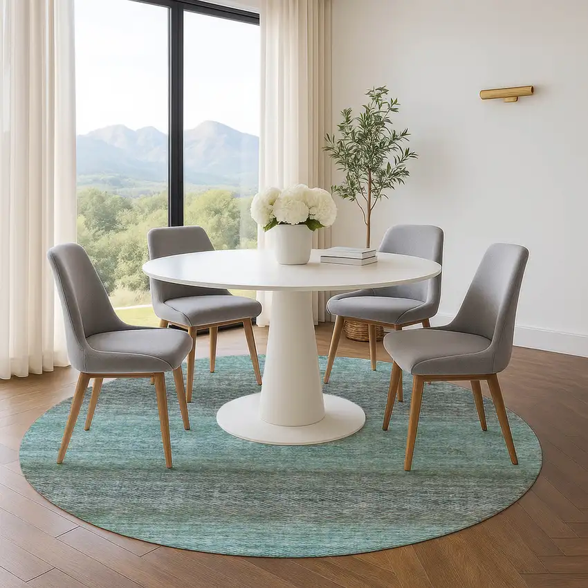 8' Teal And Brown Geometric Washable Round Rug With UV Protection Photo 5