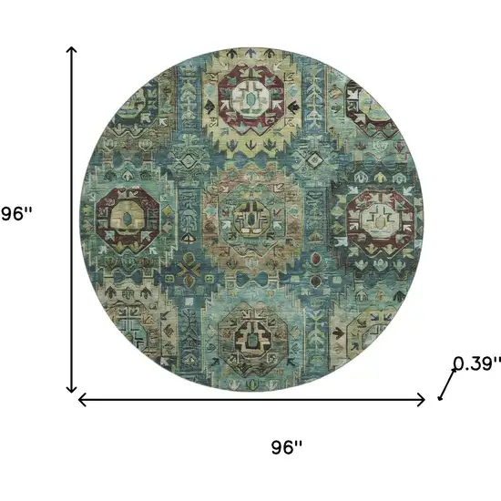 8' Teal And Brown Medallion Washable Round Rug With UV Protection Photo 8