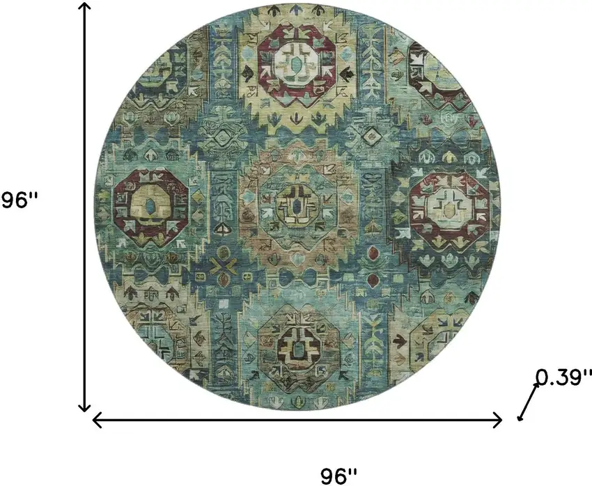 8' Teal And Brown Medallion Washable Round Rug With UV Protection Photo 8