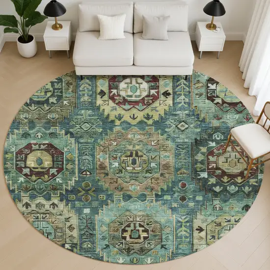 8' Teal And Brown Medallion Washable Round Rug With UV Protection Photo 5