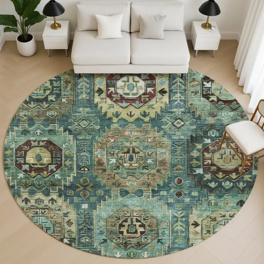 8' Teal And Brown Medallion Washable Round Rug With UV Protection Photo 5