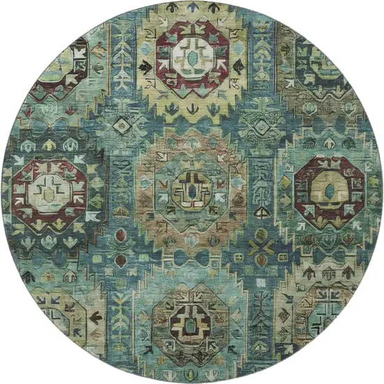 8' Teal And Brown Medallion Washable Round Rug With UV Protection Photo 4
