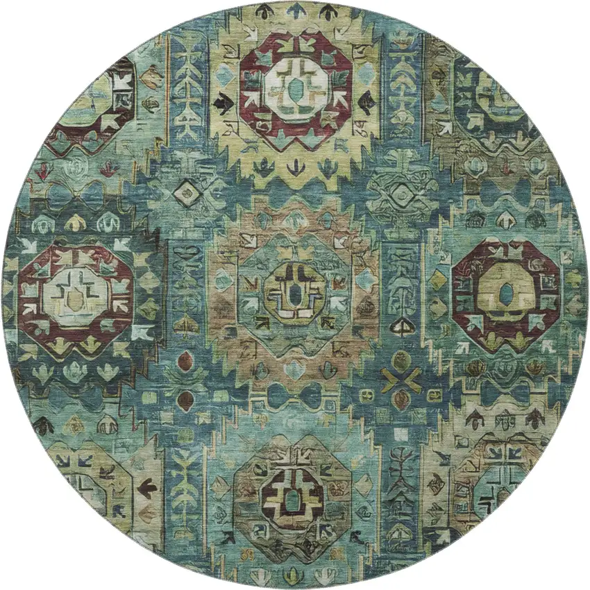 8' Teal And Brown Medallion Washable Round Rug With UV Protection Photo 4