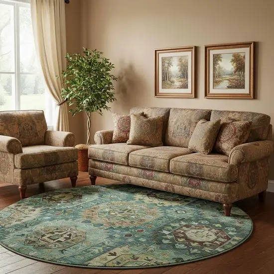 8' Teal And Brown Medallion Washable Round Rug With UV Protection Photo 2