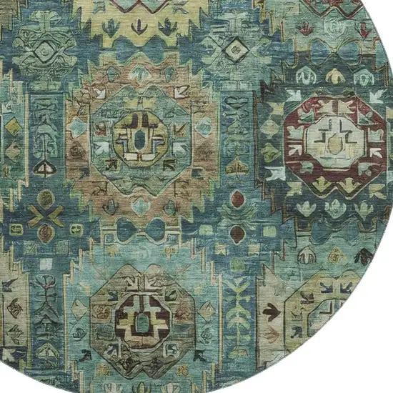 8' Teal And Brown Medallion Washable Round Rug With UV Protection Photo 3