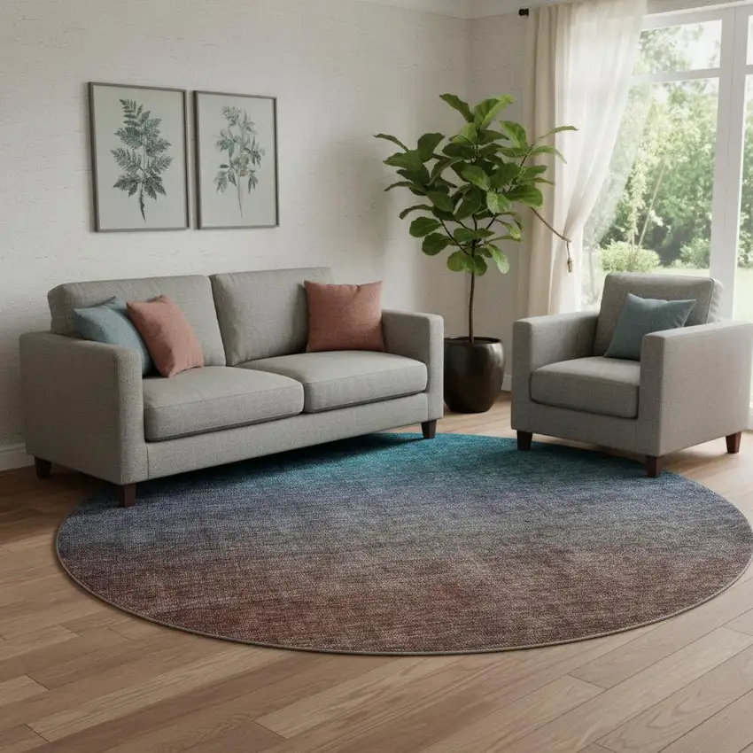 8' Teal And Brown Ombre Washable Round Rug With UV Protection Photo 1