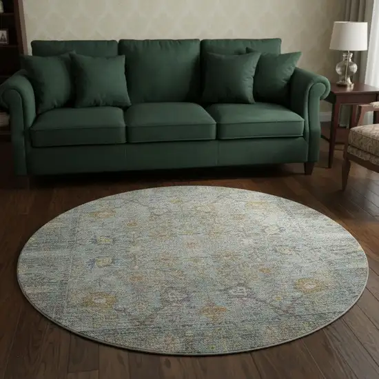 8' Teal And Brown Oriental Washable Round Rug With UV Protection Photo 2