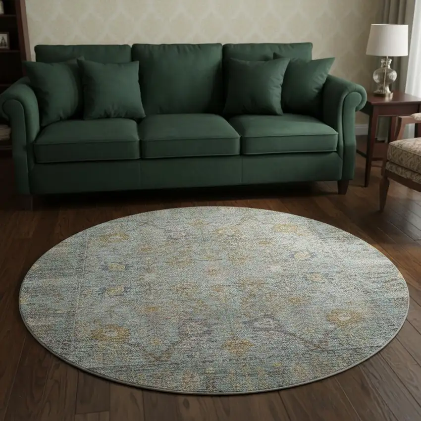 8' Teal And Brown Oriental Washable Round Rug With UV Protection Photo 2