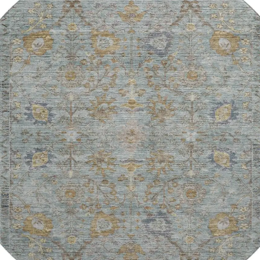 8' Teal And Brown Oriental Washable Round Rug With UV Protection Photo 2