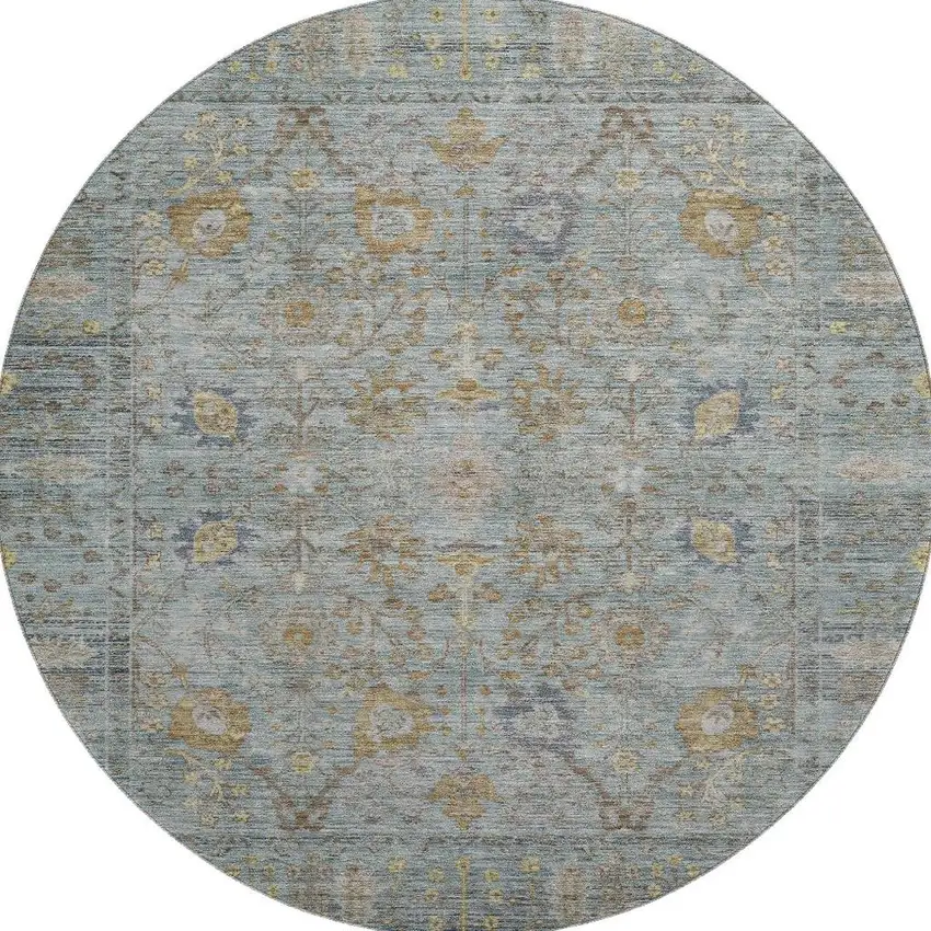 8' Teal And Brown Oriental Washable Round Rug With UV Protection Photo 3