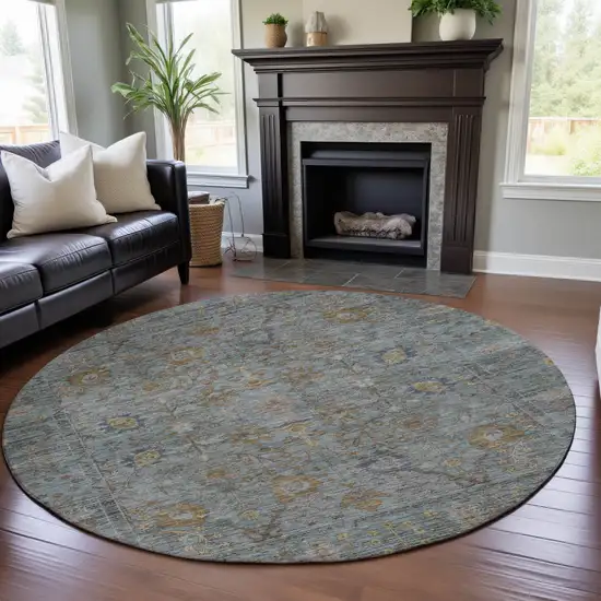 8' Teal And Brown Oriental Washable Round Rug With UV Protection Photo 4