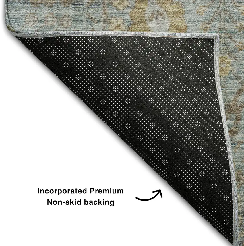 8' Teal And Brown Oriental Washable Round Rug With UV Protection Photo 5