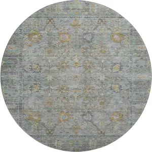Photo of 8' Teal And Brown Oriental Washable Round Rug With UV Protection