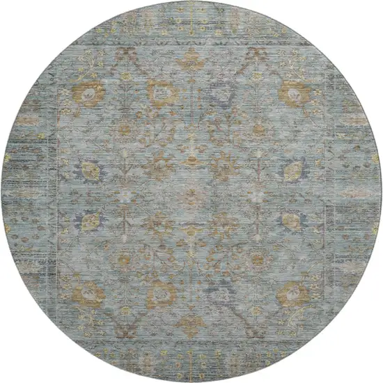 8' Teal And Brown Oriental Washable Round Rug With UV Protection Photo 1