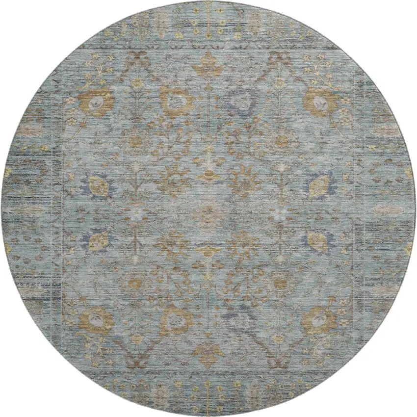 8' Teal And Brown Oriental Washable Round Rug With UV Protection Photo 1