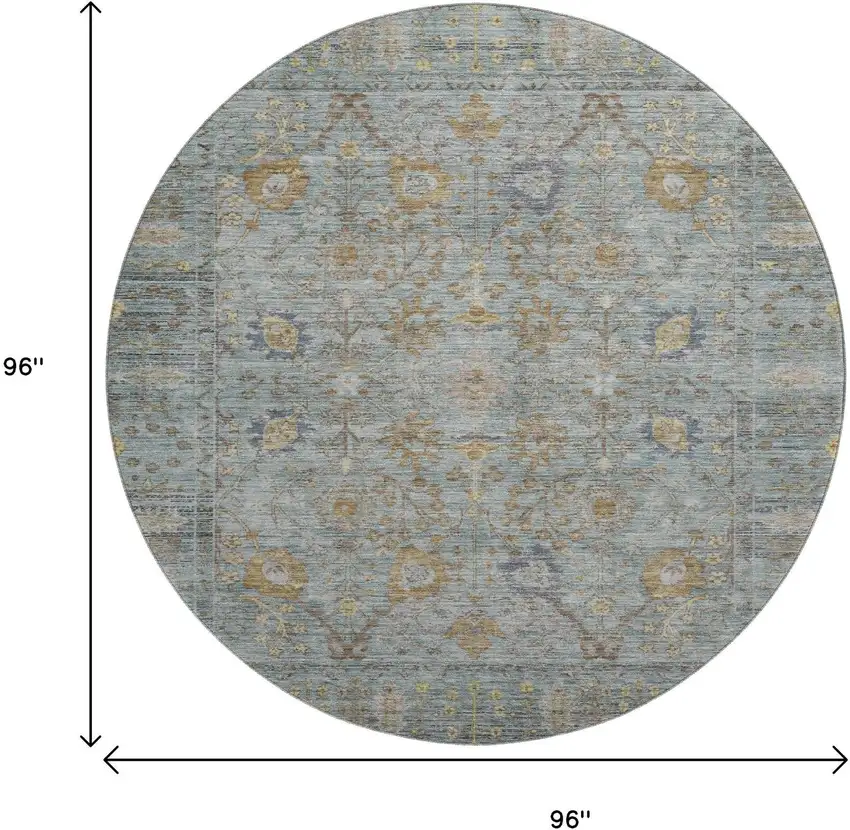 8' Teal And Brown Oriental Washable Round Rug With UV Protection Photo 9