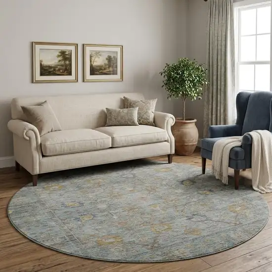 8' Teal And Brown Oriental Washable Round Rug With UV Protection Photo 1