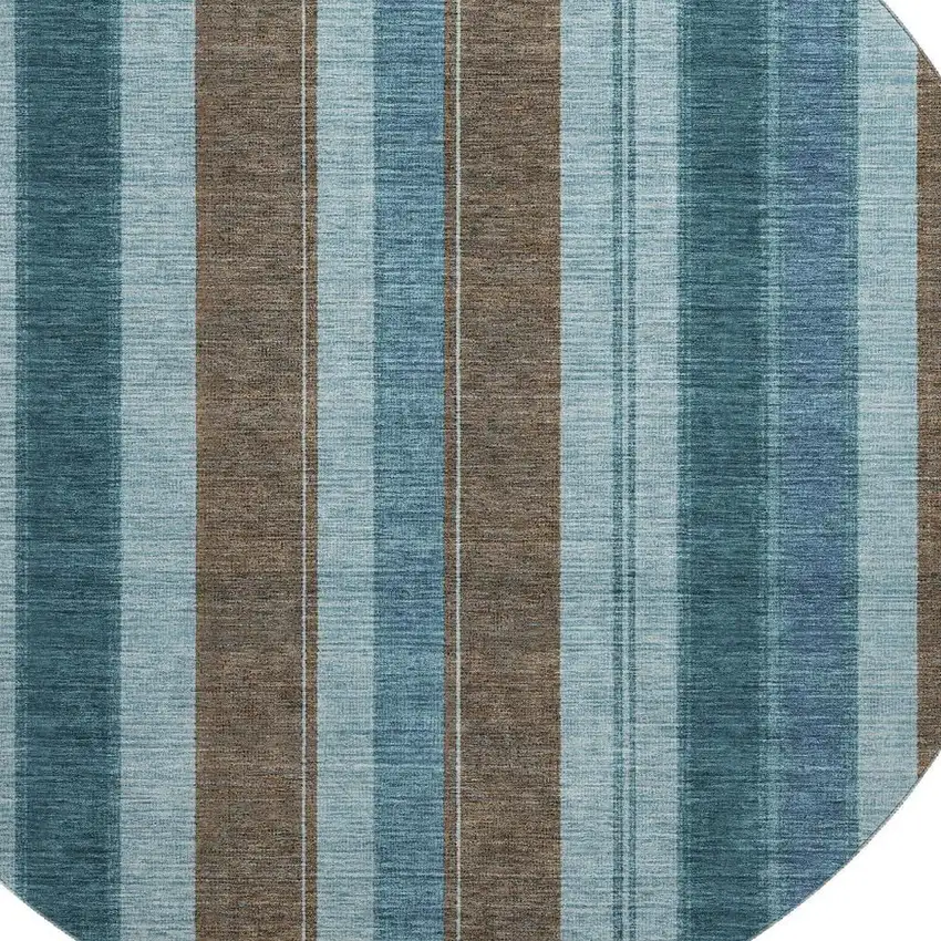 8' Teal And Brown Striped Washable Round Rug With UV Protection Photo 3