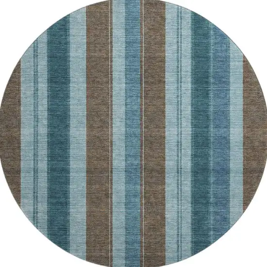 8' Teal And Brown Striped Washable Round Rug With UV Protection Photo 4