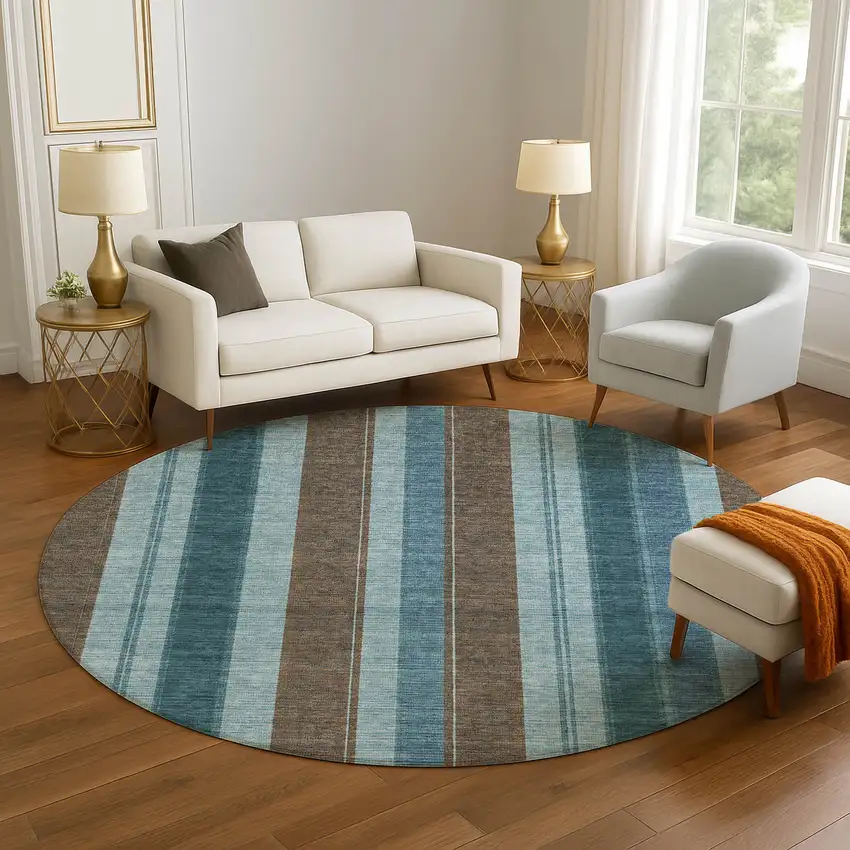 8' Teal And Brown Striped Washable Round Rug With UV Protection Photo 5