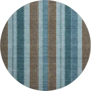 Photo of 8' Teal And Brown Striped Washable Round Rug With UV Protection