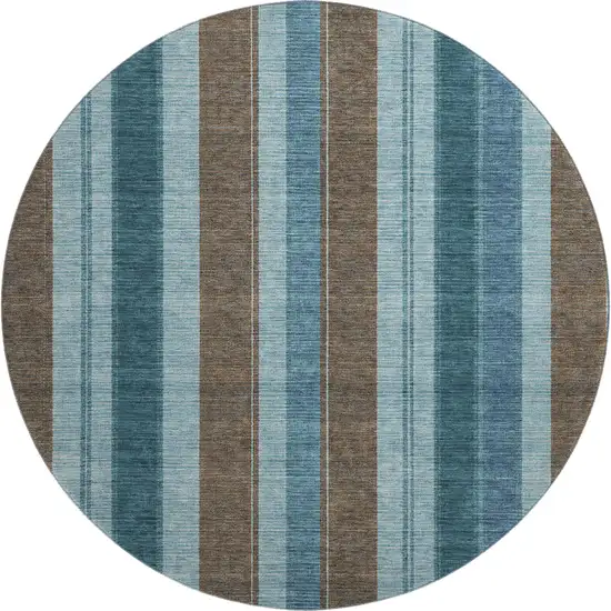 8' Teal And Brown Striped Washable Round Rug With UV Protection Photo 1