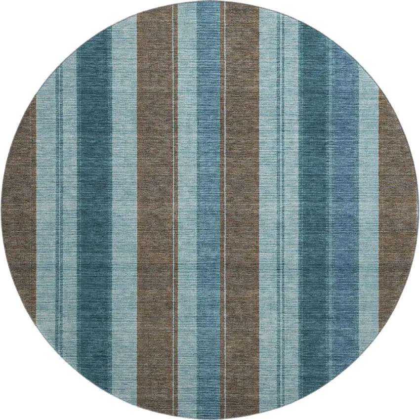 8' Teal And Brown Striped Washable Round Rug With UV Protection Photo 1