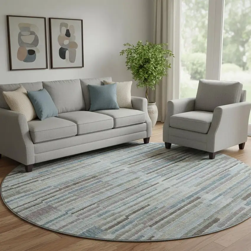 8' Teal And Brown Striped Washable Round Rug With UV Protection Photo 2