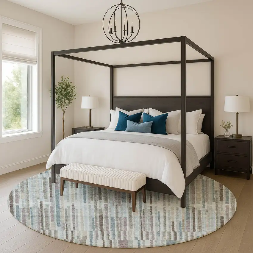 8' Teal And Brown Striped Washable Round Rug With UV Protection Photo 5