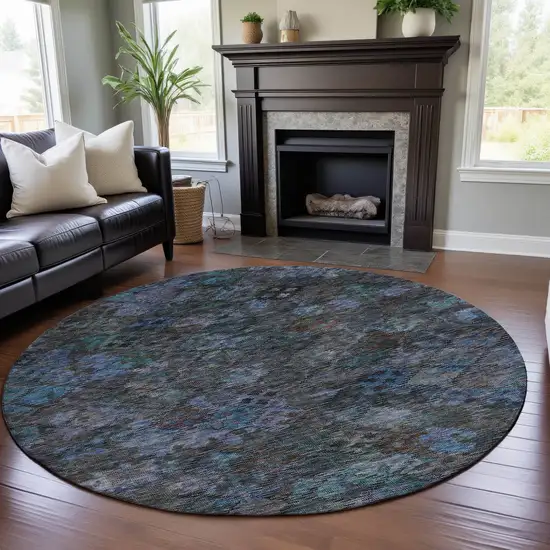 8' Teal And Charcoal Abstract Geometric Washable Round Rug With UV Protection Photo 4